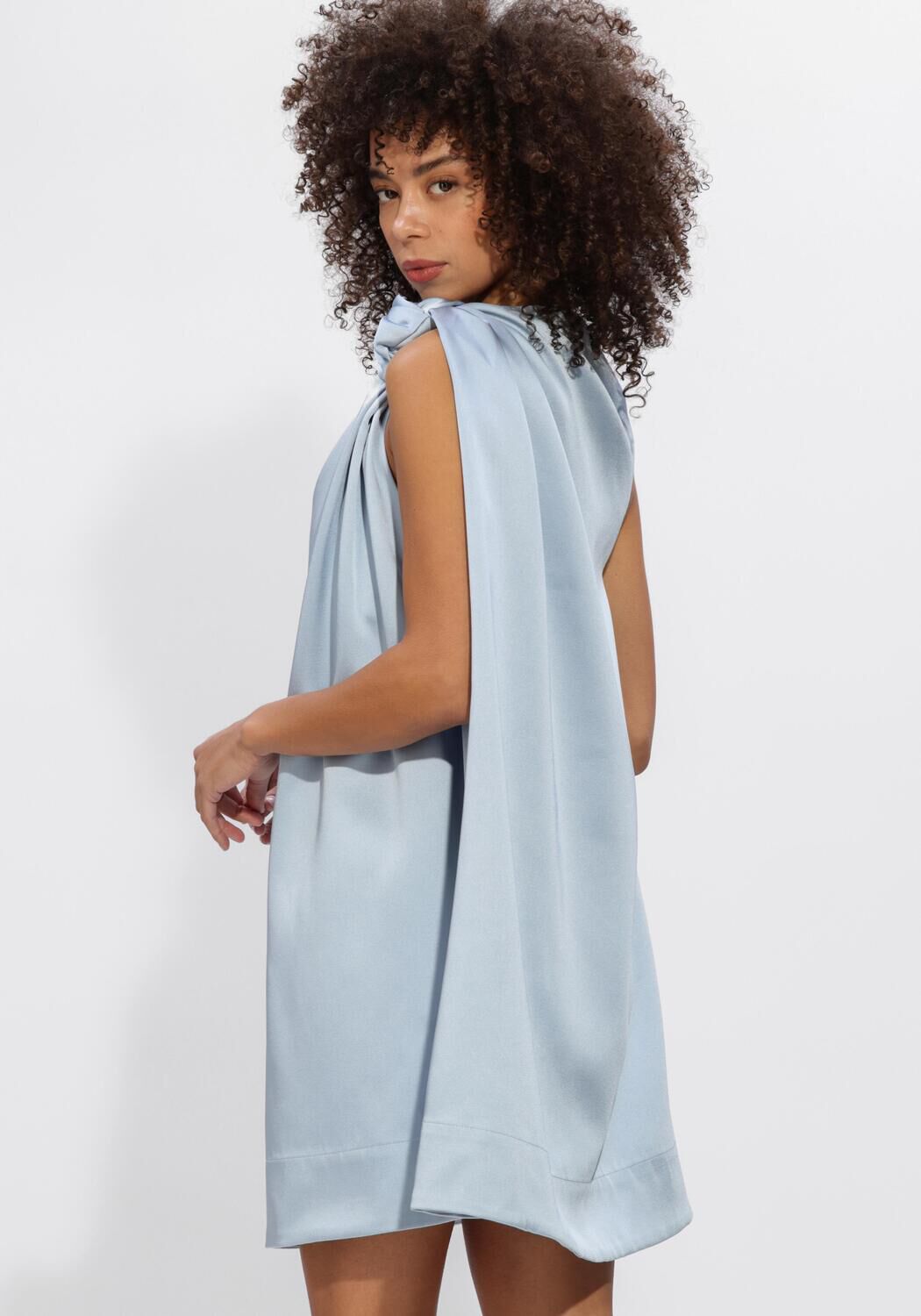 Pink Baby Amelia knotted satin mini dress in powder blue, featuring a stylish knot detail and smooth satin fabric.