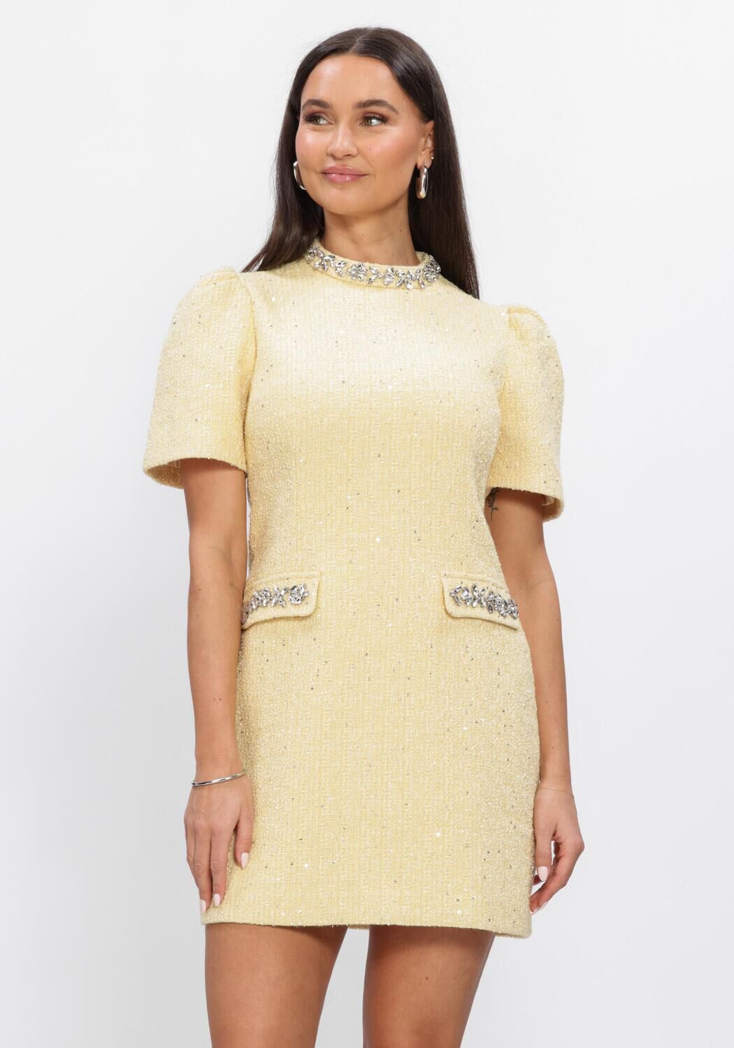 Pink Baby Celine embellished yellow tweed mini dress with soft yellow fabric and decorative accents, stylish and fashionable.