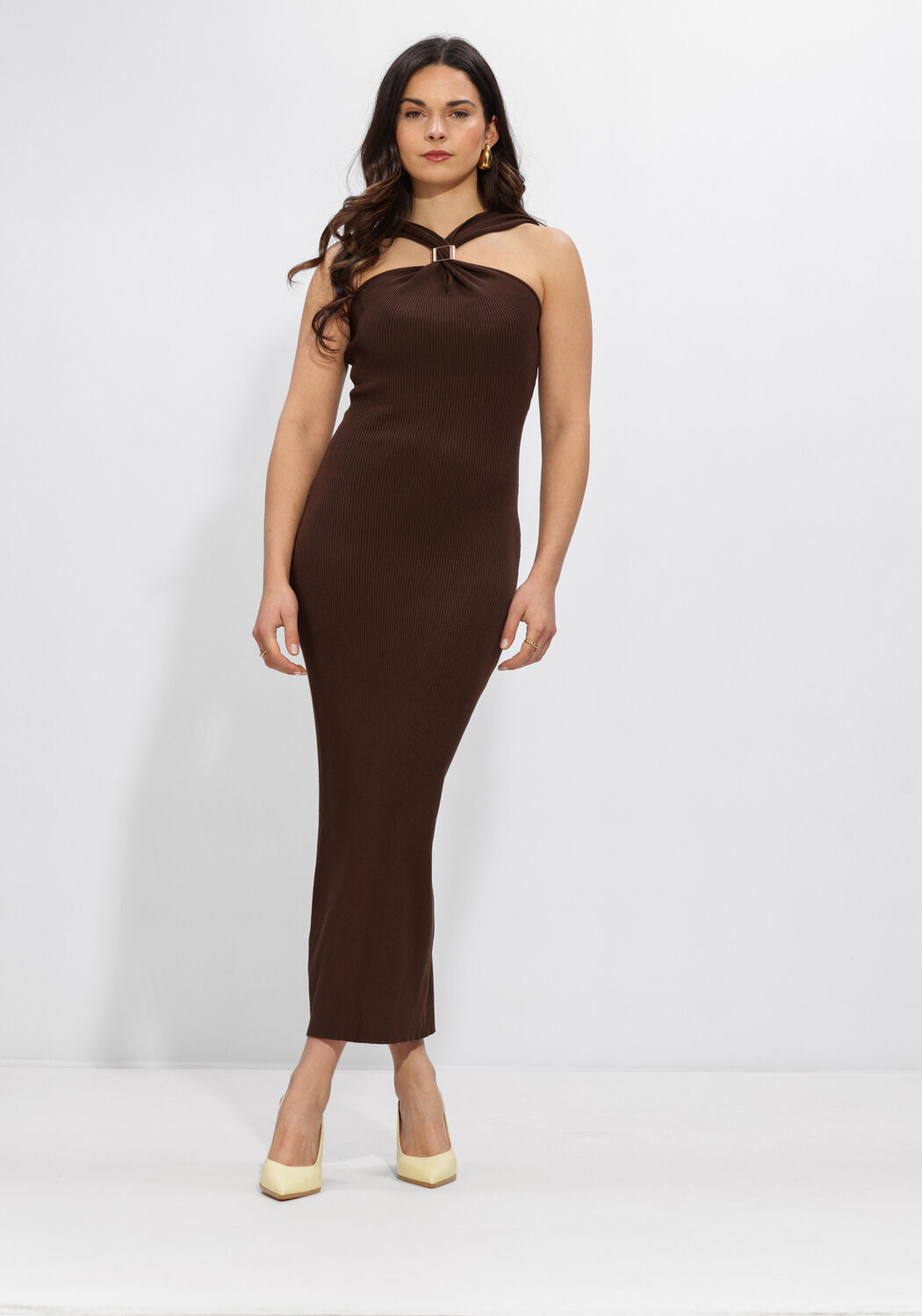 Pink Baby Vinice Twist-Halter Ribbed Maxi Dress in chocolate brown, featuring a twist halter neckline and fitted ribbed fabric.