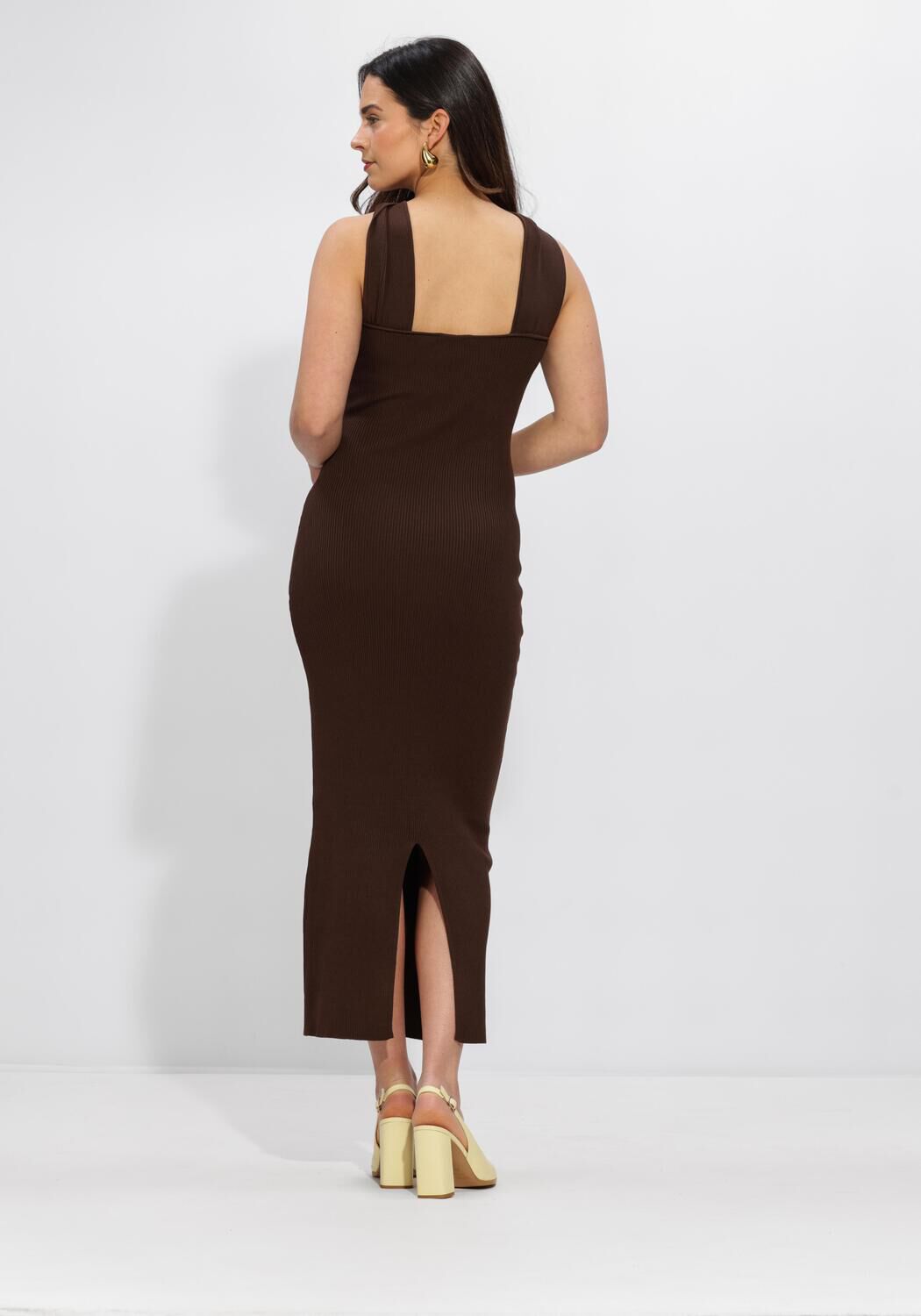 Pink Baby Vinice Twist-Halter Ribbed Maxi Dress in chocolate brown, featuring a twisted halter neckline and ribbed fabric.
