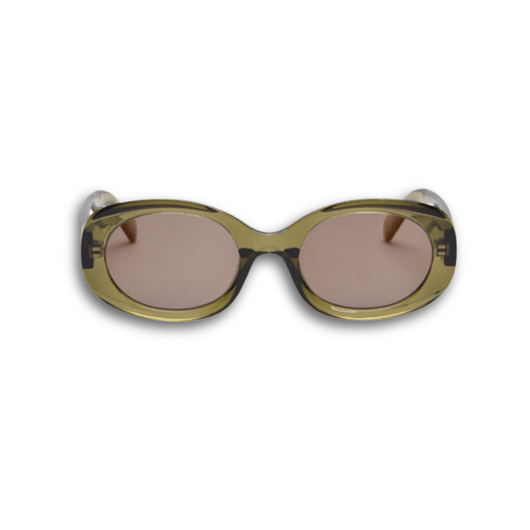 Pink Baby Flynn olive sunglasses with round frames and dark tinted lenses, stylish eyewear for sunny days.