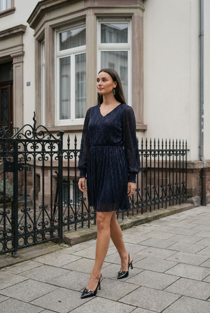 Navy pleated midi dress with sheer sleeves by Pink Baby, shown on a mannequin with detailed fabric texture and elegant design.