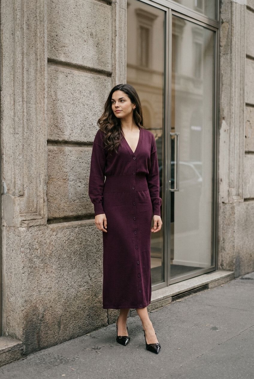 Pink Baby Burgundy Button-Front Knit Midi Dress, stylish with a fitted silhouette and button detail, perfect for casual or semi-formal wear.
