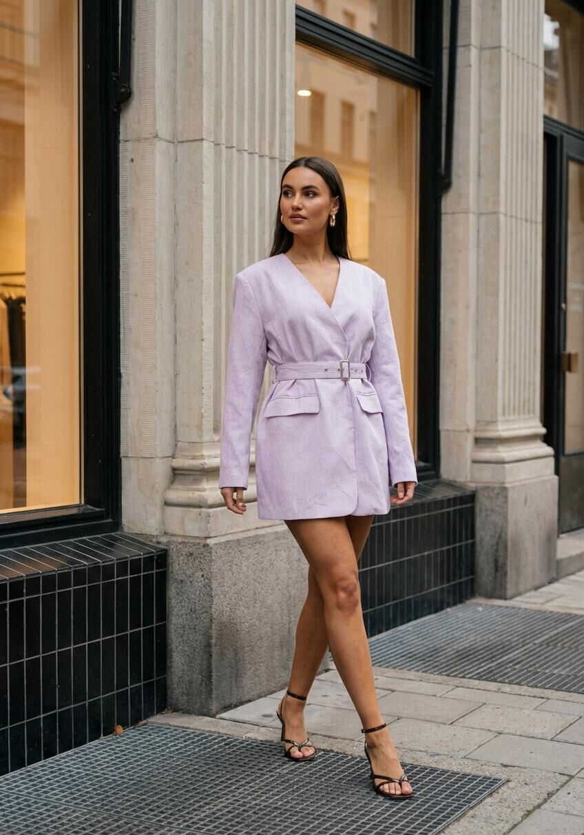 Pink Baby Paula belted blazer mini dress in lilac, featuring a tailored fit and stylish lapel, displayed on a white background.