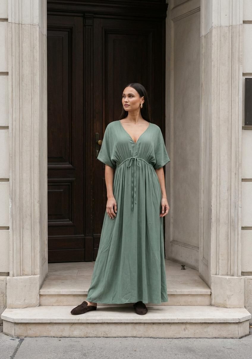 Sage green Livia drawstring empire maxi dress by Pink Baby, flowing style with waist tie and elegant neckline.