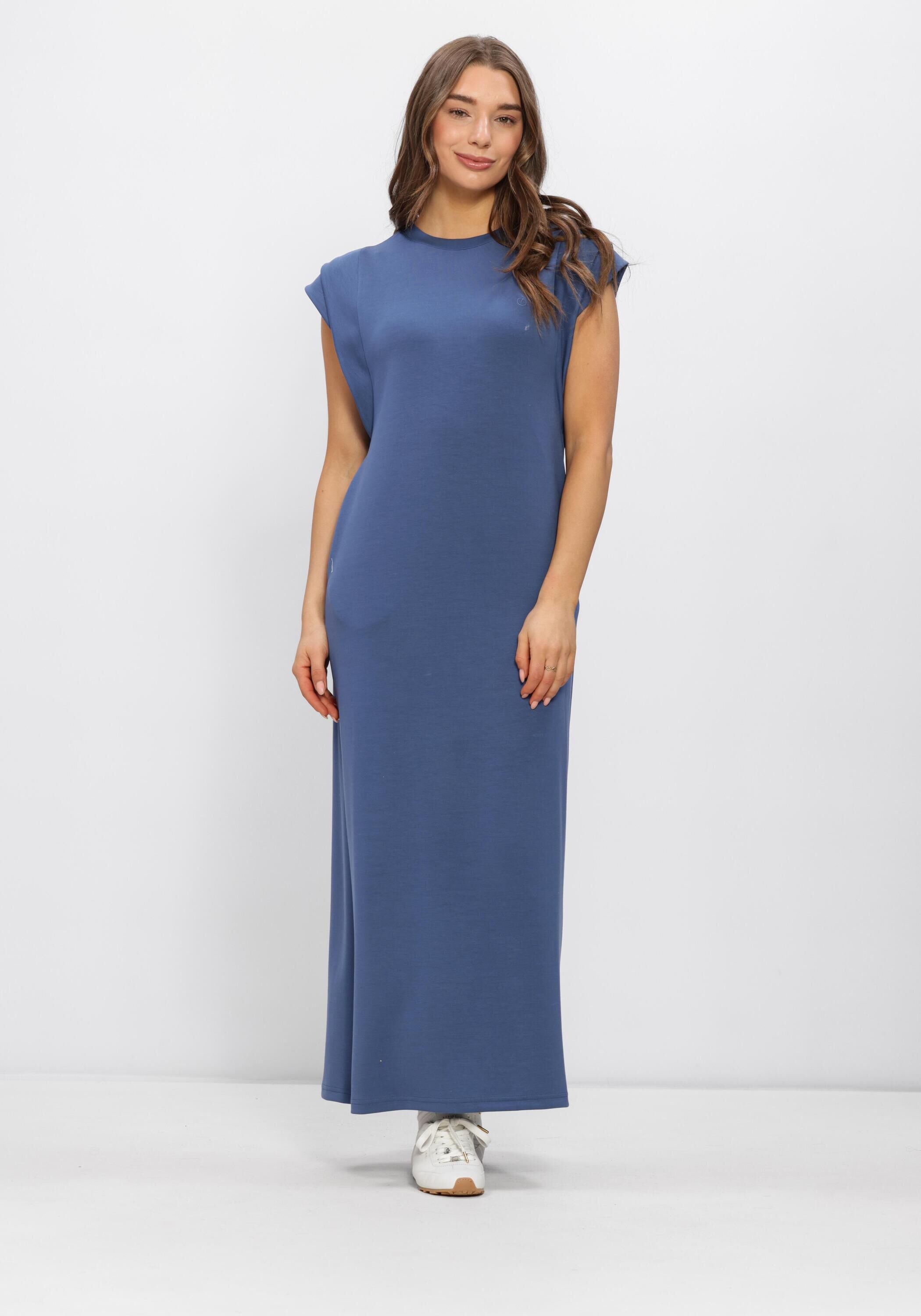 Pink Baby Adriana dusty blue cap-sleeve column maxi dress displayed on a mannequin with flowing fabric and elegant design.