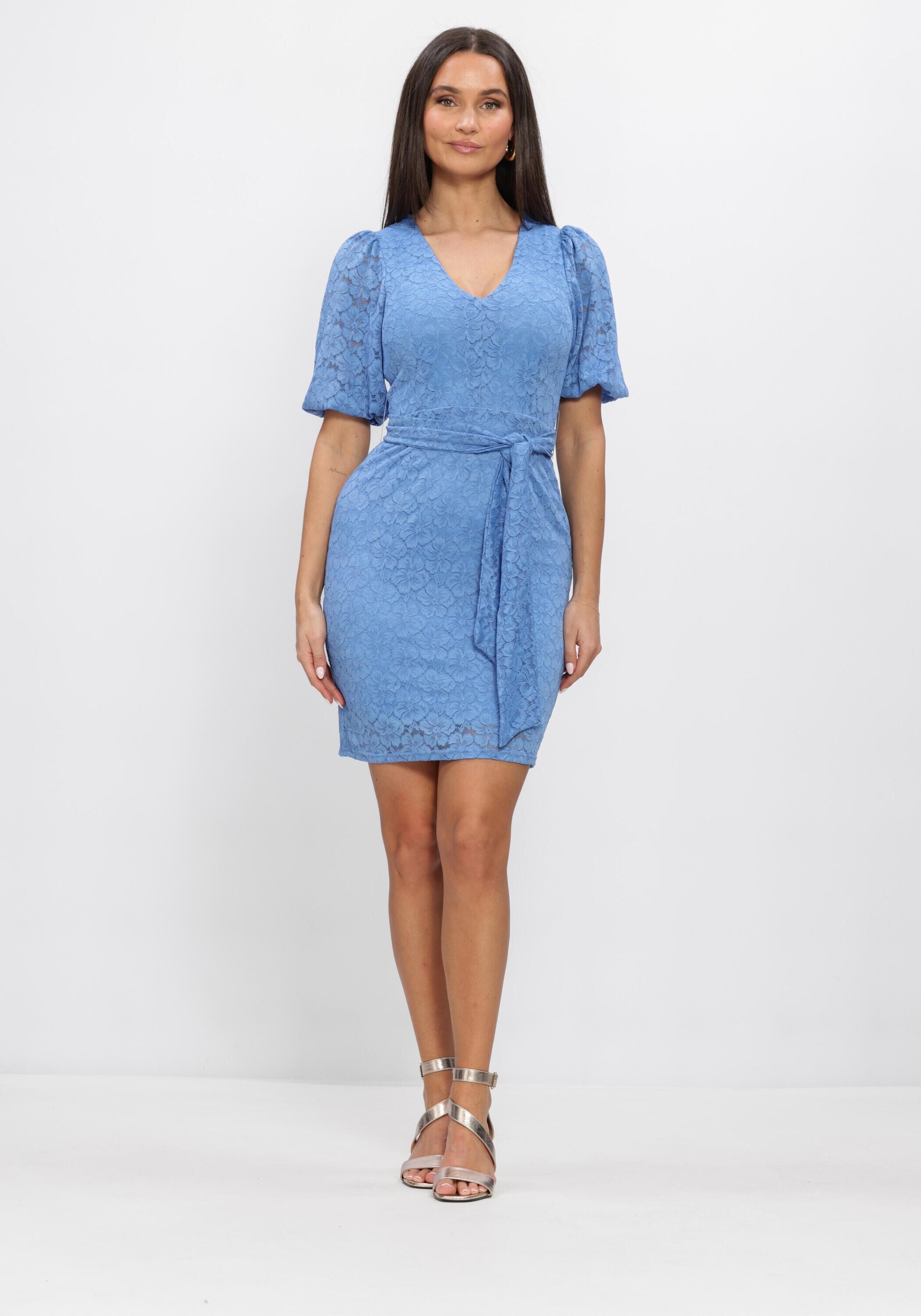 Pink Baby Mirabelle lace wrap mini dress in cornflower blue, showcasing delicate lace details and a fitted silhouette.