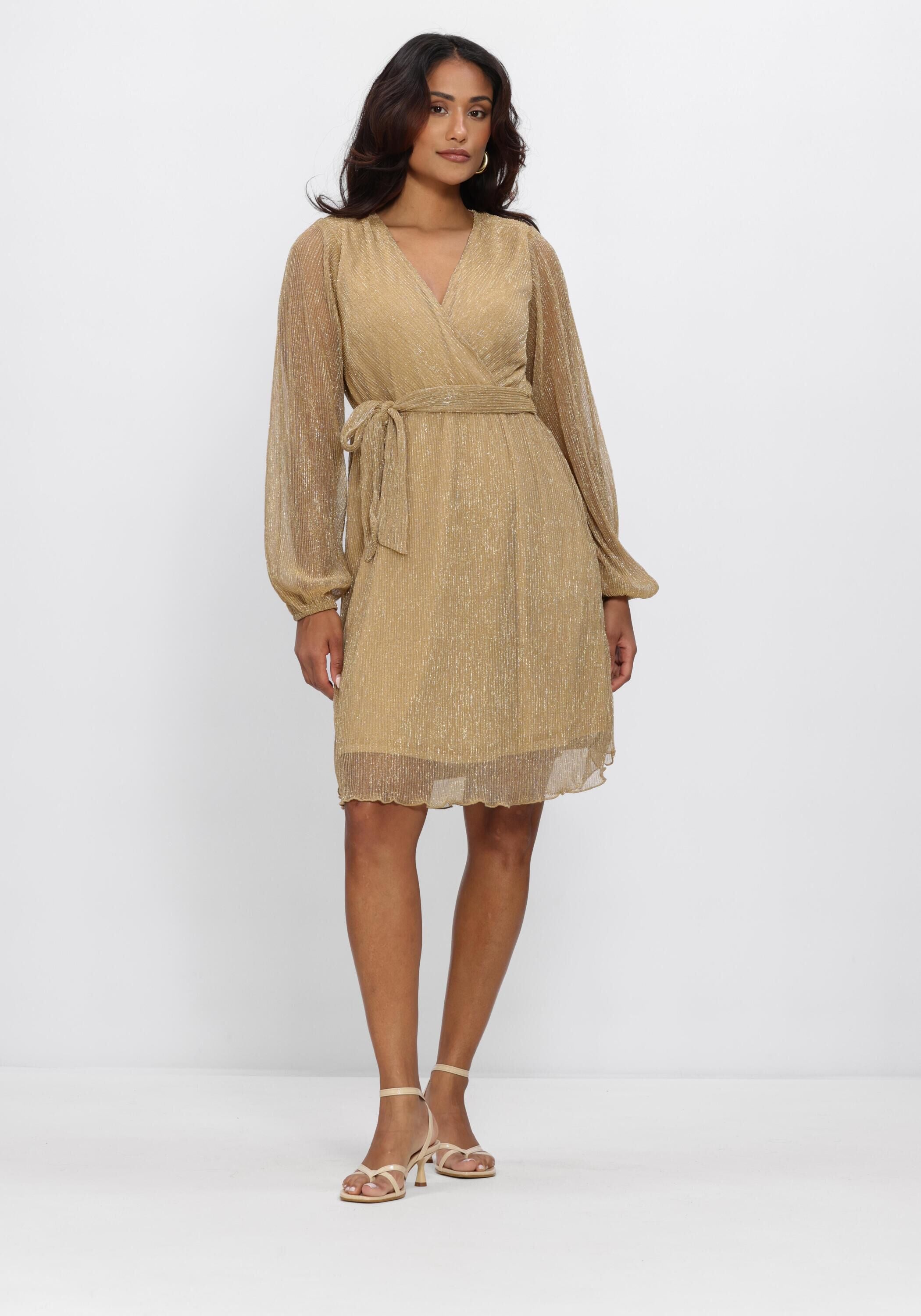 Pink Baby Maristella Shimmer Wrap Mini Dress in gold, featuring a fitted silhouette and elegant wrap design.