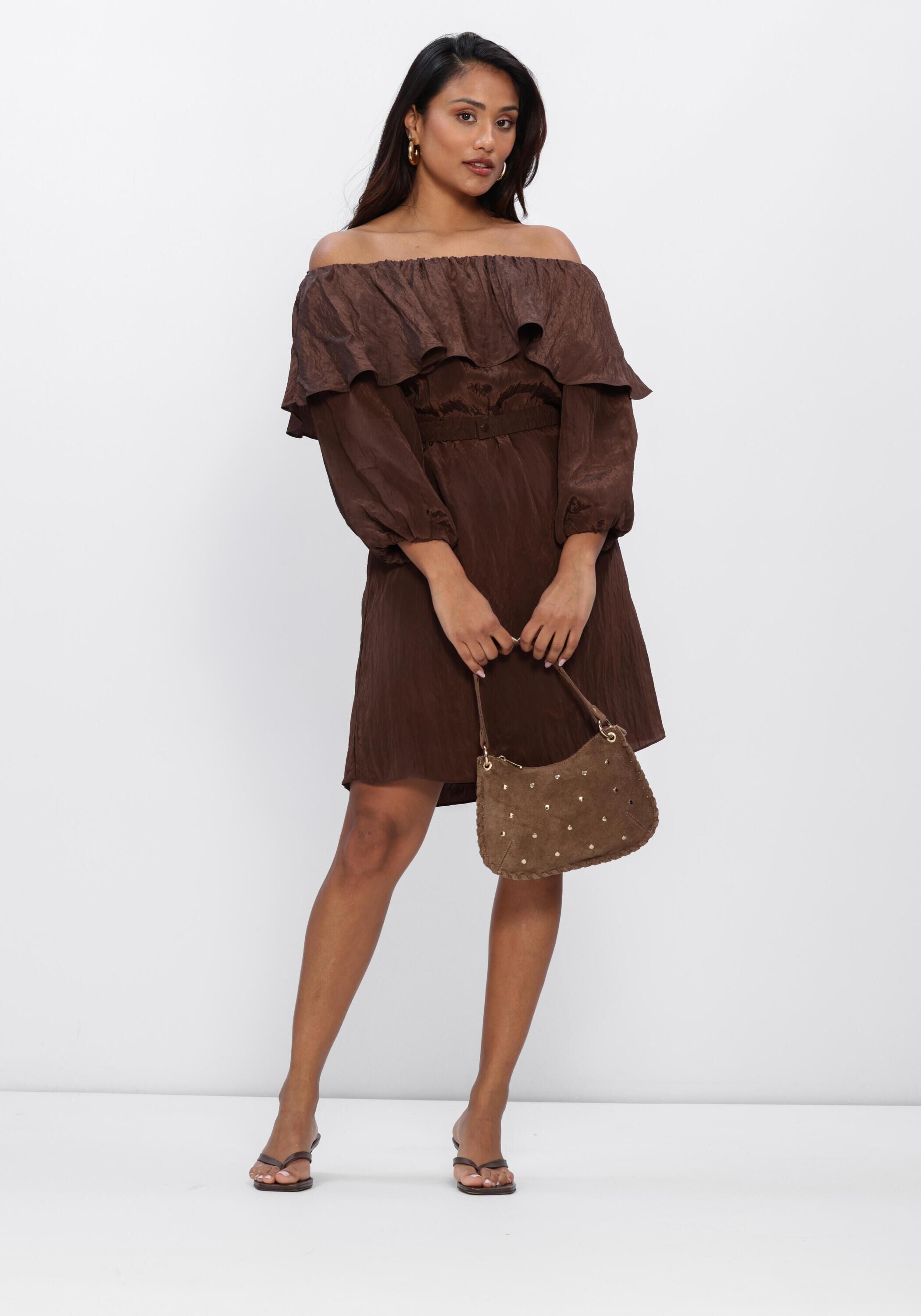 Chocolate brown Rosalyn off-shoulder ruffle mini dress by Pink Baby, featuring a stylish off-shoulder design and playful ruffles.