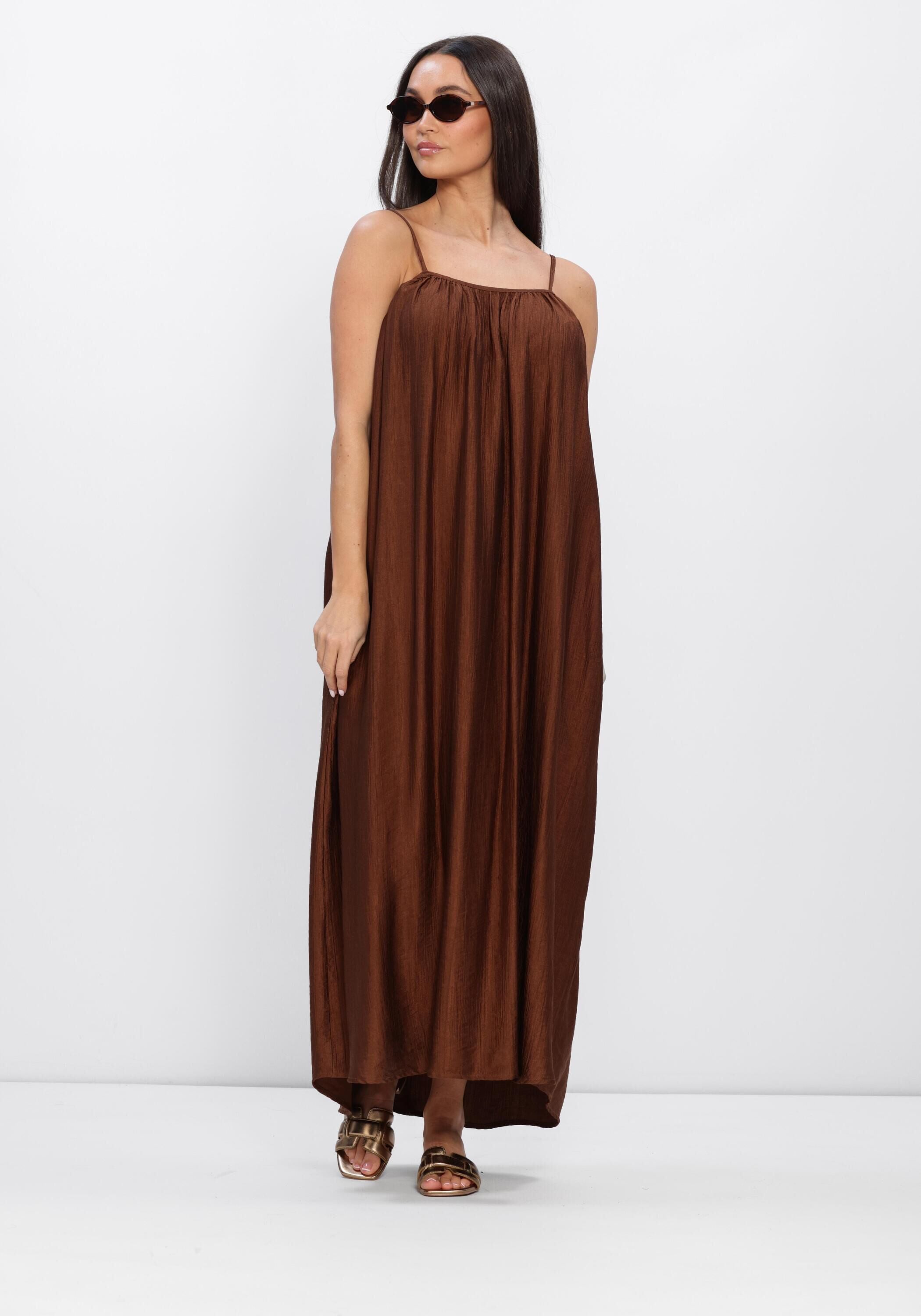 Pink Baby Sofia pleated satin maxi dress in rich chocolate brown, featuring elegant pleats and flowing fabric.