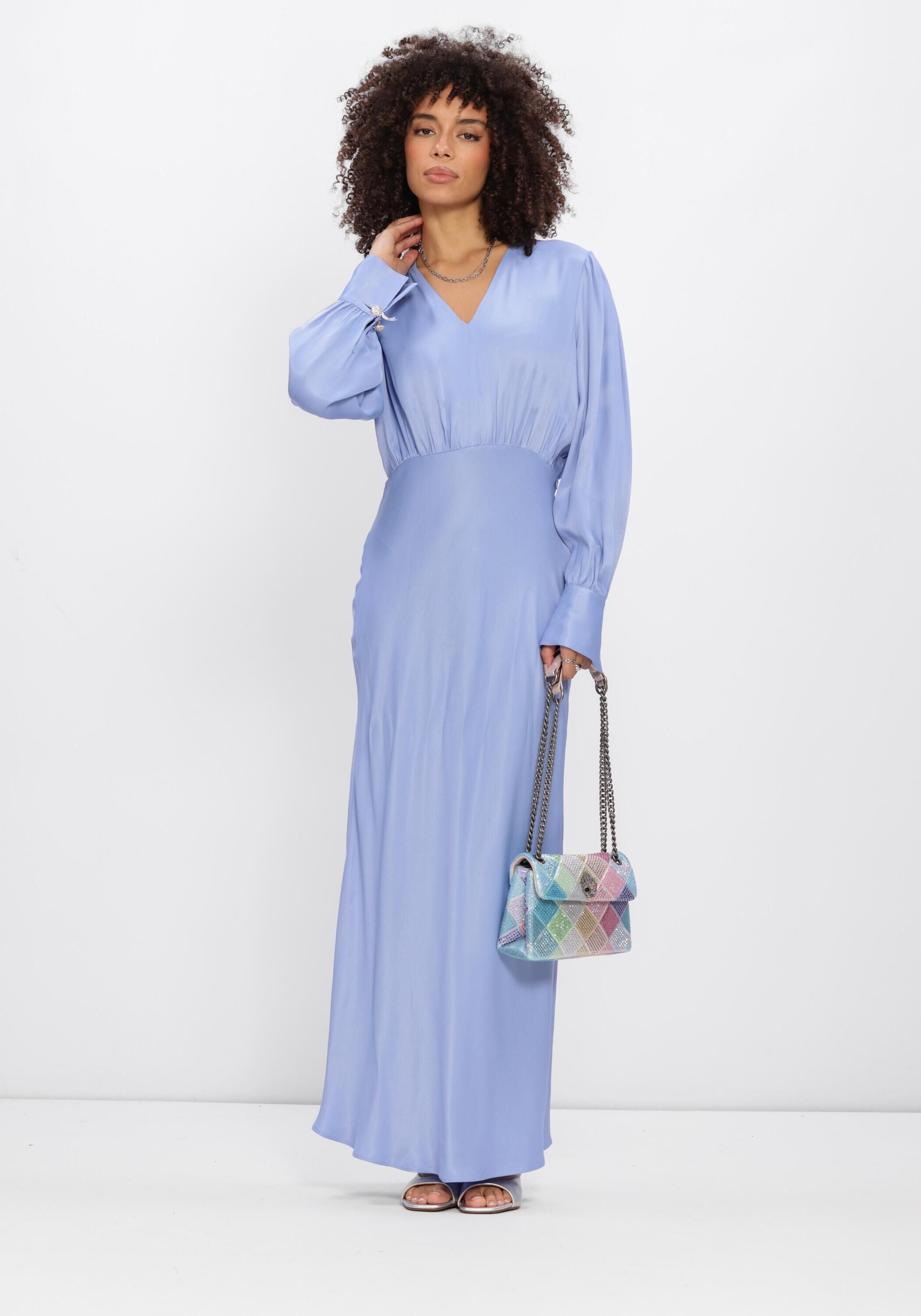 Pink Baby Ariela gathered waist maxi dress in powder blue, featuring a flowing fabric and elegant design, displayed on a hanger.