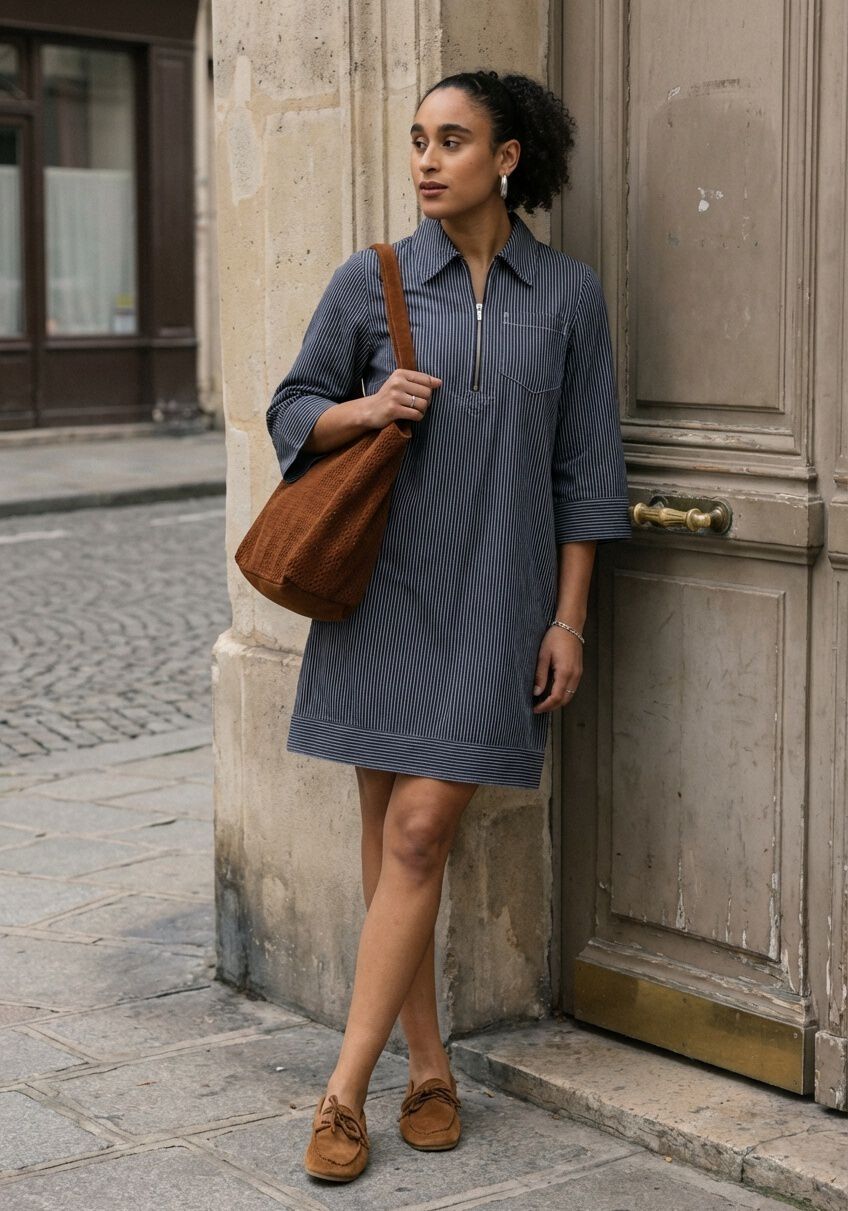 Charcoal grey Viana zip-collar striped mini dress by Pink Baby, featuring a fitted silhouette and stylish design.
