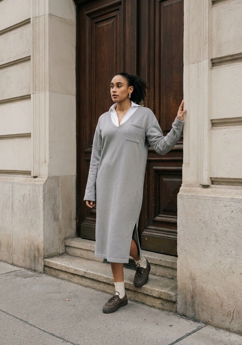 Pink Baby Sammie Relaxed V-Neck Midi Dress in Mist Grey, showcasing a flowy, casual dress with a v-neck style and soft fabric.