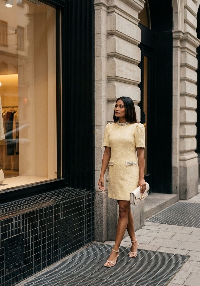 Pink Baby Celine embellished yellow tweed mini dress with intricate embroidery and soft pastel tones, stylish and elegant for special occasions.