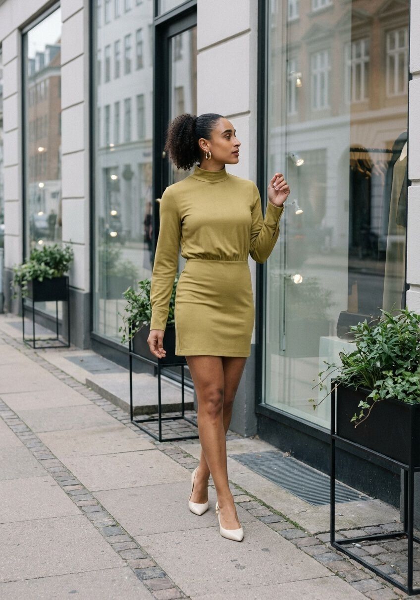 Pink Baby Claudia high-neck satin mini dress in olive color, shown on a model with a fitted silhouette.