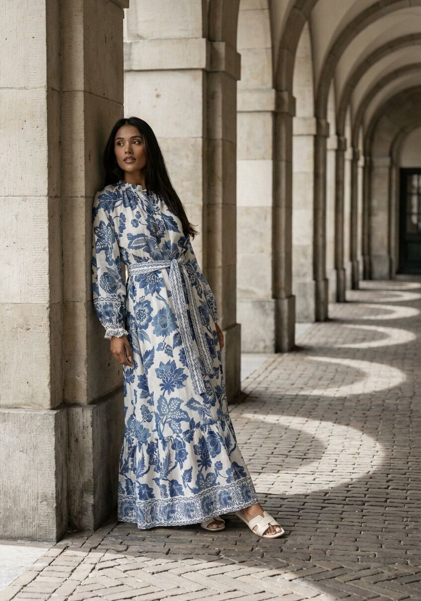 Pink Baby Isadora floral belted maxi dress in blue and white with a flowy, sleeveless design and a matching fabric belt.