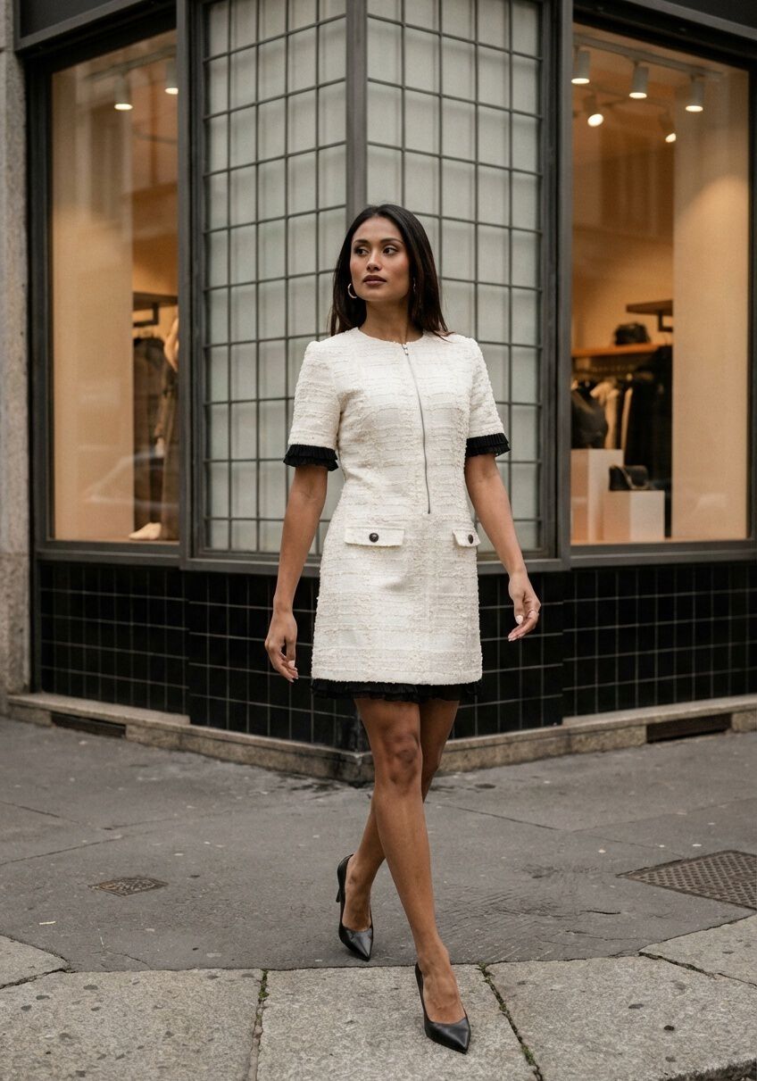Pink Baby Colette textured ivory zip mini dress with long sleeves and fitted silhouette, displayed on a hanger.