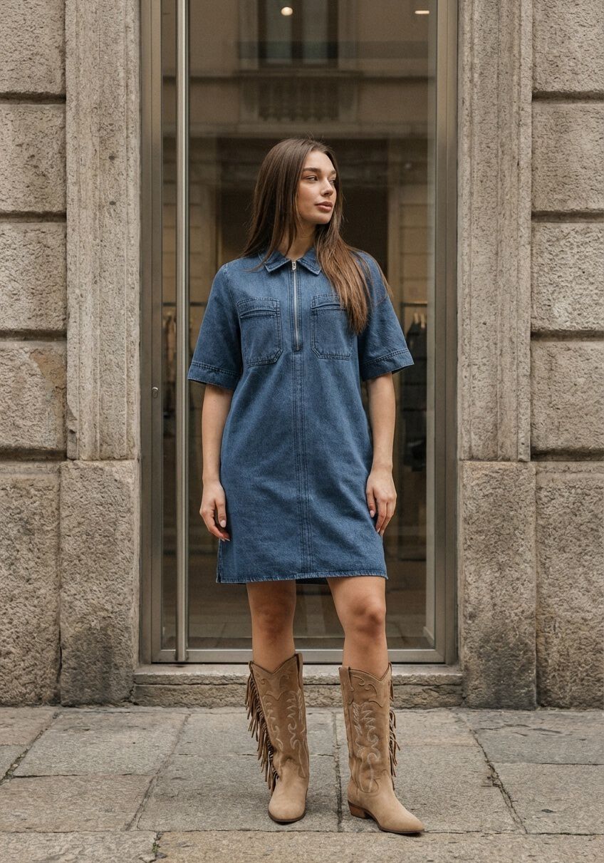 Mid blue Senie zip-front denim mini dress by Pink Baby, shown on a hanger with visible zipper detail and classic denim texture.
