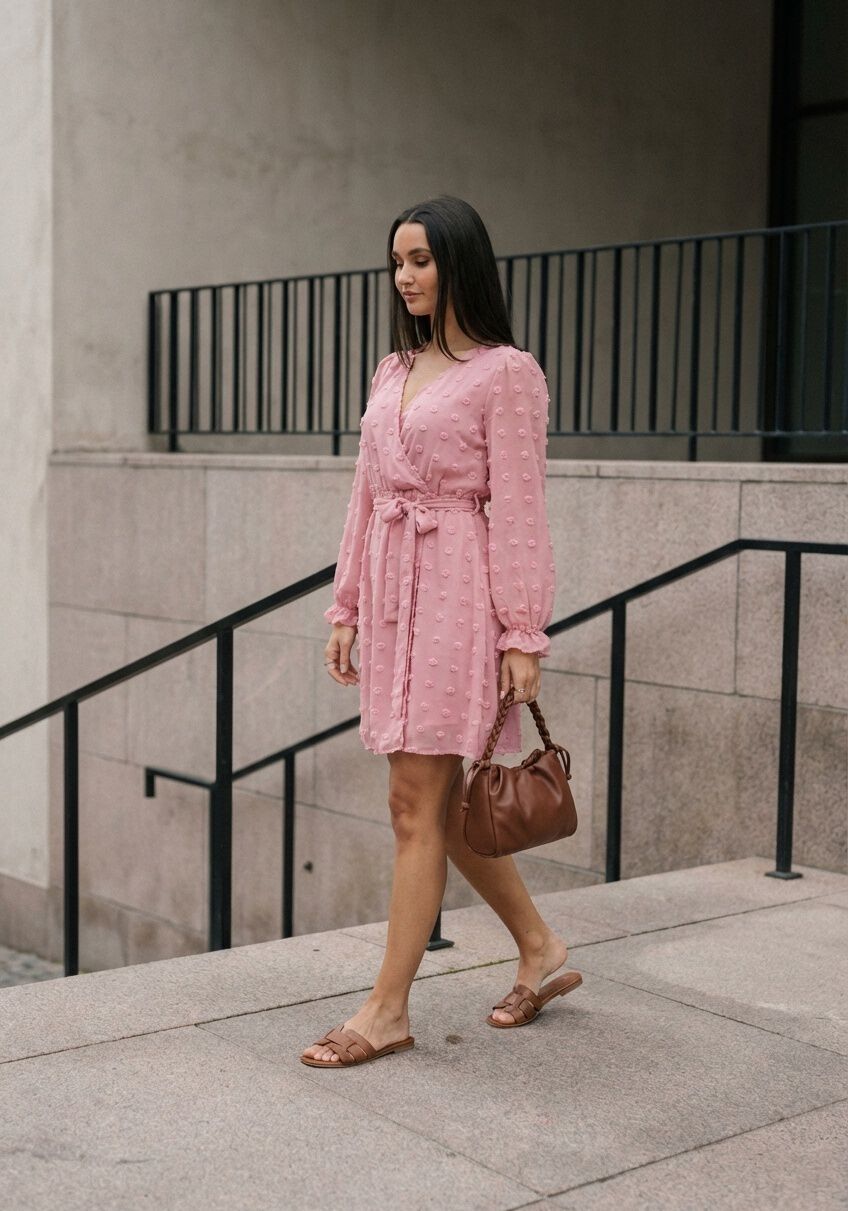 Pink Baby Rona Dobby Wrap Mini Dress in blush pink, featuring a stylish wrap design and short sleeves.