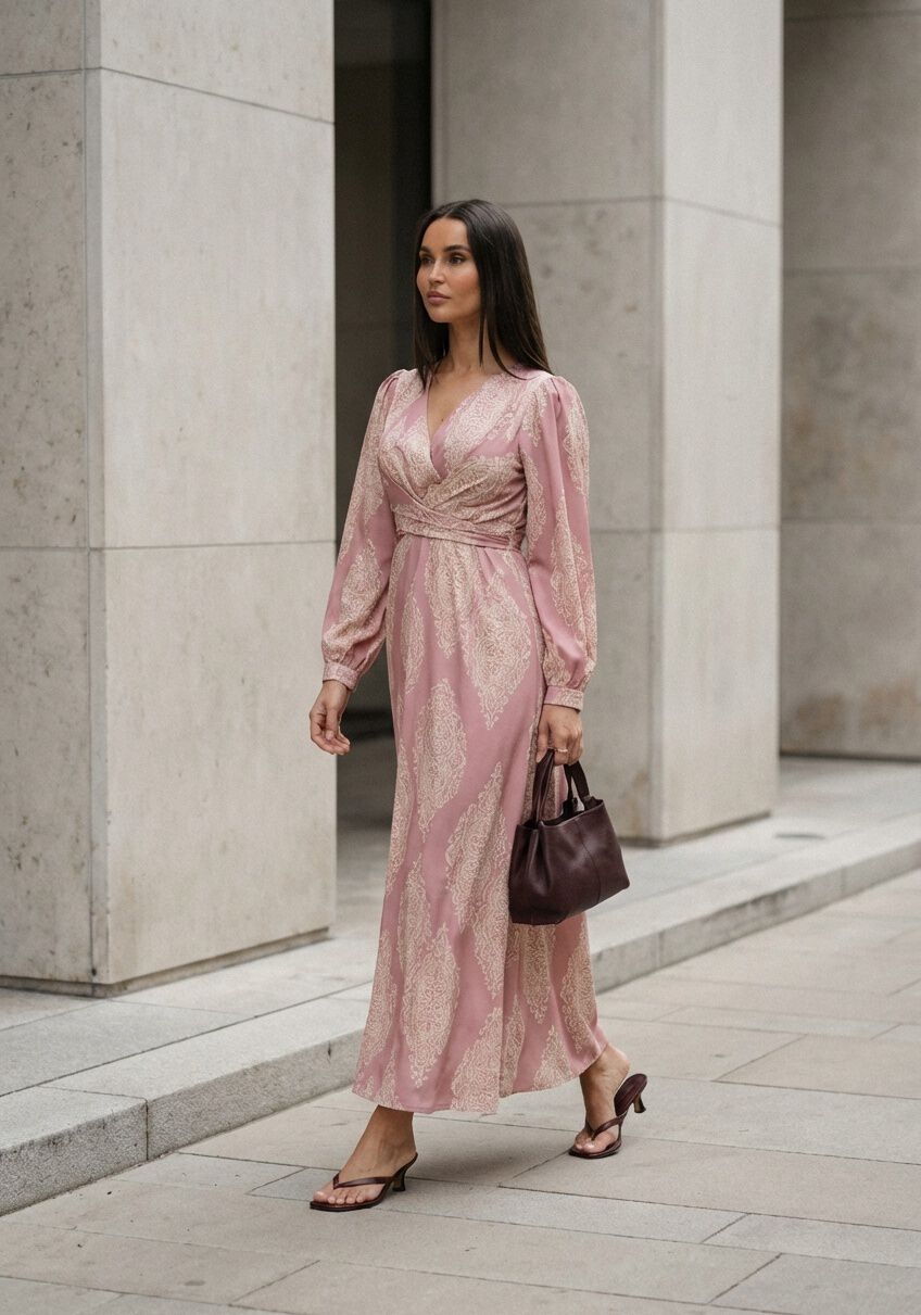 Pink Baby Talya Paisley Wrap Maxi Dress in pink with a flowing skirt and paisley pattern, perfect for summer wear.
