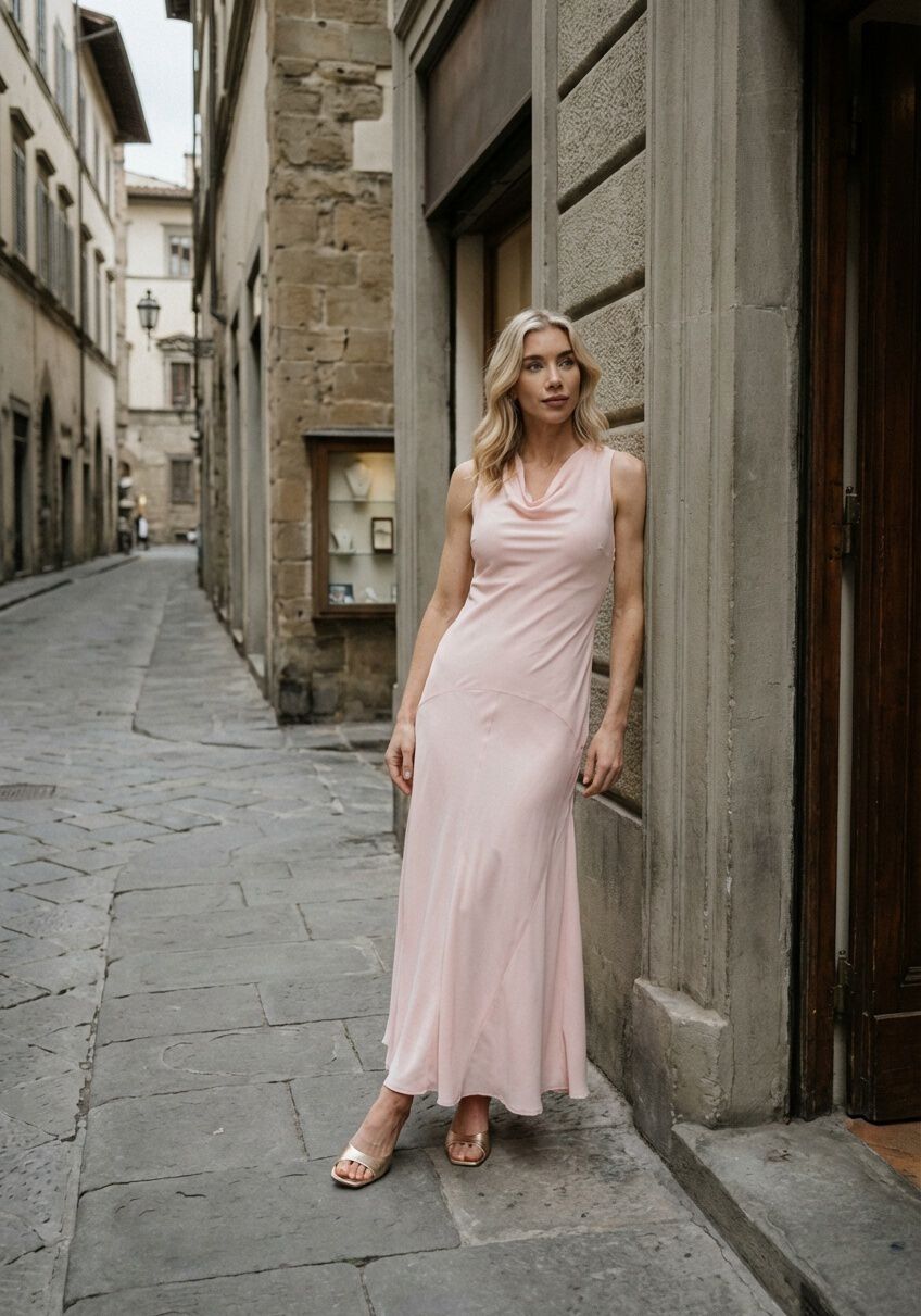 Pink Baby Eliana Draped Satin Maxi Dress in blush pink, featuring a flowing draped design and elegant satin fabric.