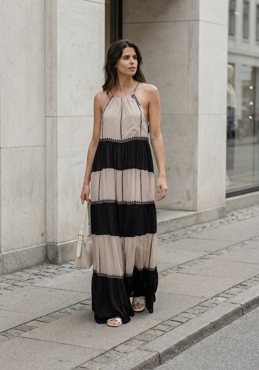 Pink Baby Adorn tassel-tie tiered maxi dress in beige and black with layered fabric and tassel details, full-length view.