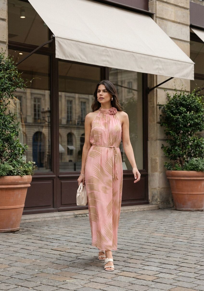 Pink Baby Samanta floral neck halter maxi dress in blush with a floral pattern, fitted bodice, and flowing skirt.