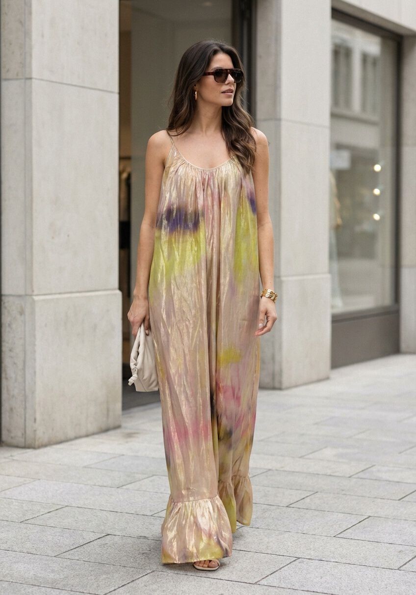 Lavinia metallic watercolour maxi dress in gold and pink by Pink Baby, featuring a flowing fabric and elegant design.