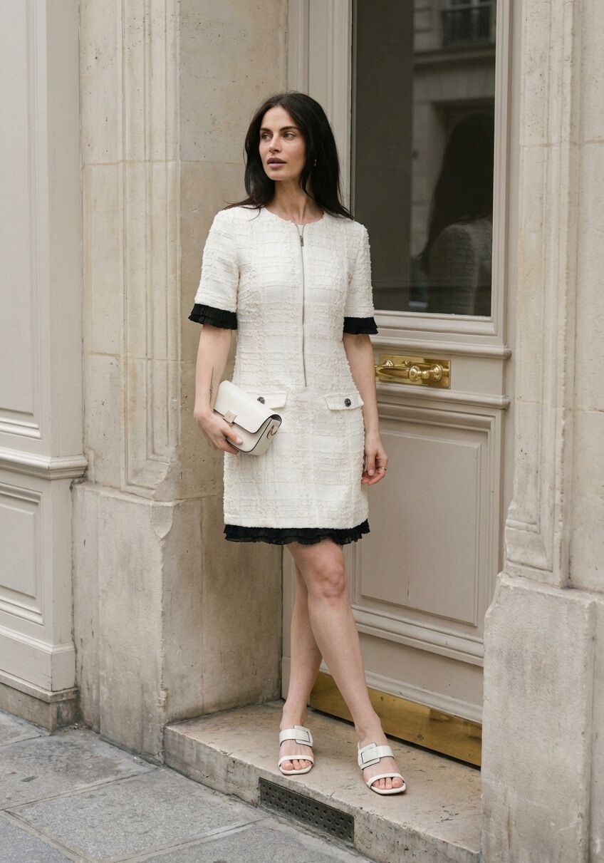 Pink Baby Colette textured zip mini dress in ivory, shown on a hanger with detailed fabric texture and stylish design.