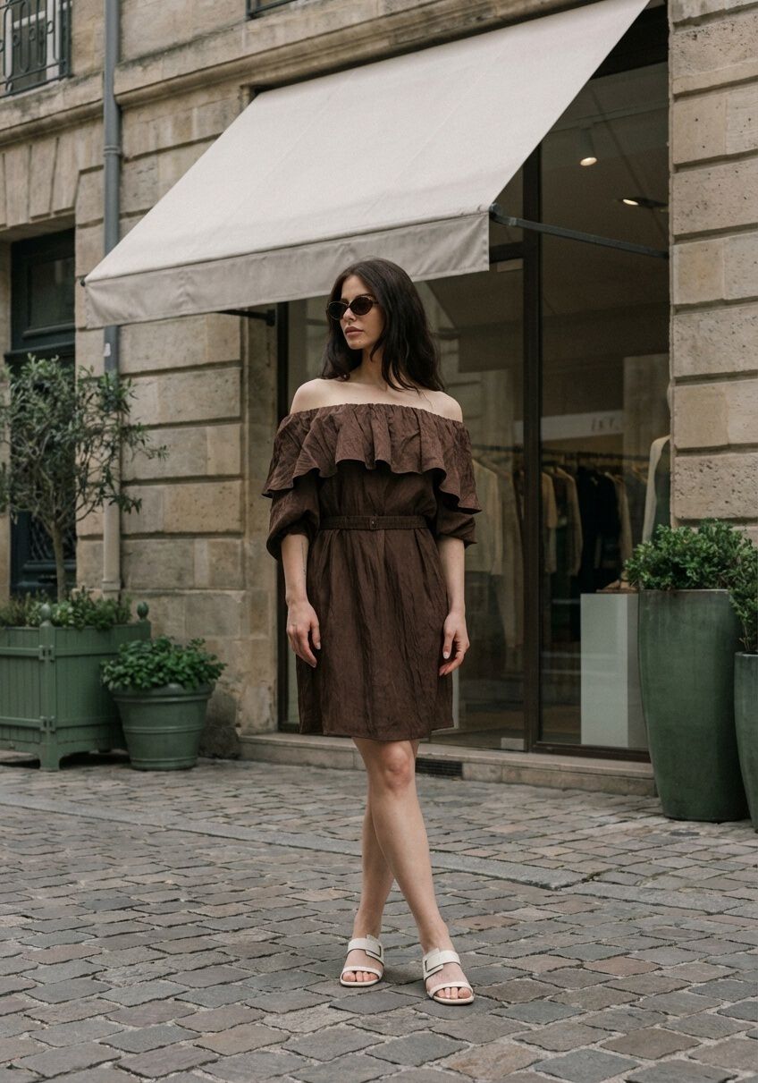 Chocolate brown Rosalyn off-shoulder ruffle mini dress by Pink Baby, shown on a hanger with detailed ruffle neckline and off-shoulder design.