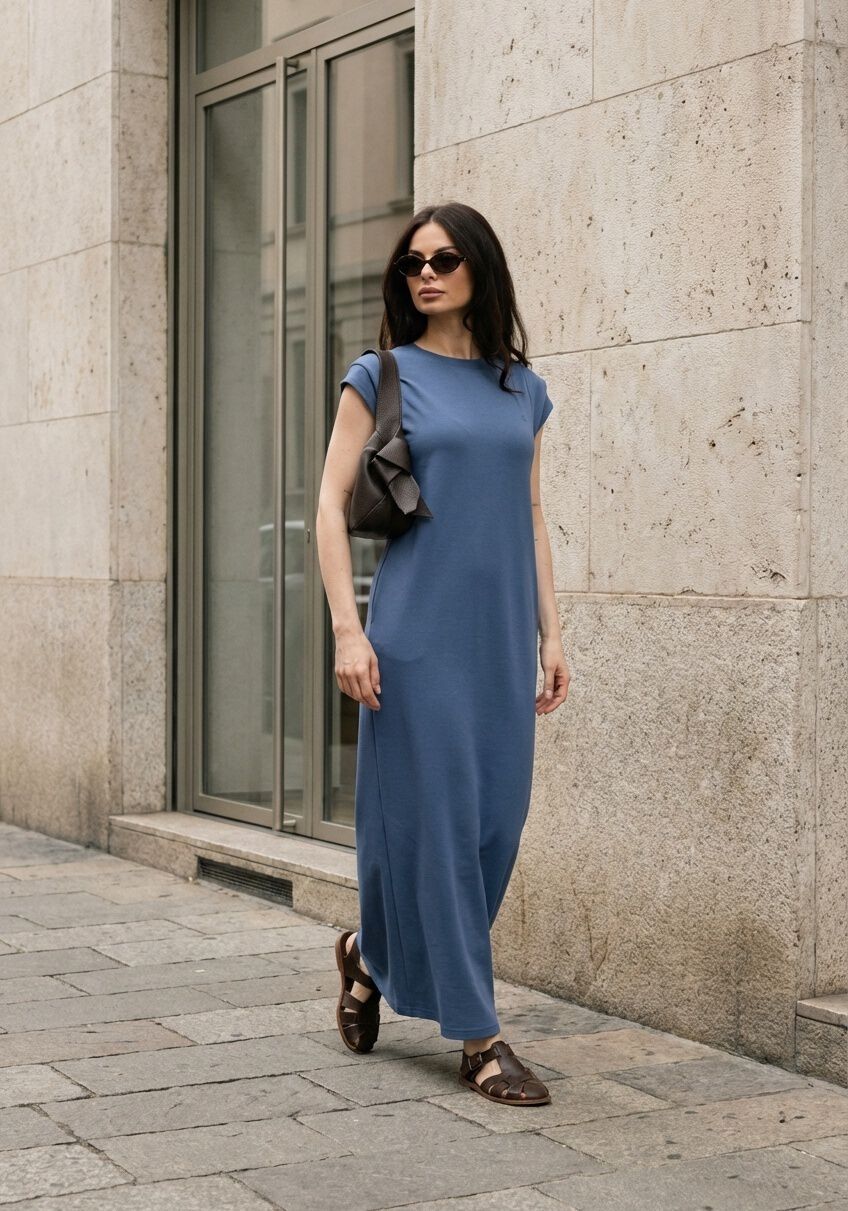 Pink Baby Adriana cap-sleeve column maxi dress in dusty blue, shown on a model with a flowing, elegant silhouette.