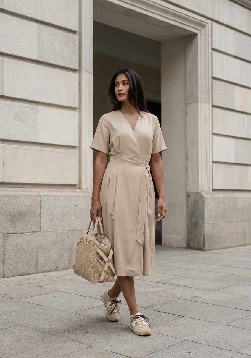 Pink Baby Camille Buckle Wrap Midi Dress in beige, featuring a stylish wrap design with buckle details and midi length.