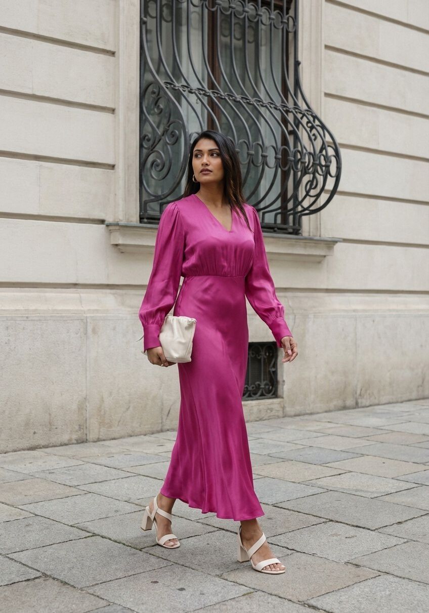 Pink Baby Fiorella Satin V-Neck Maxi Dress in fuchsia, flowing satin fabric with a V-neckline and elegant design.