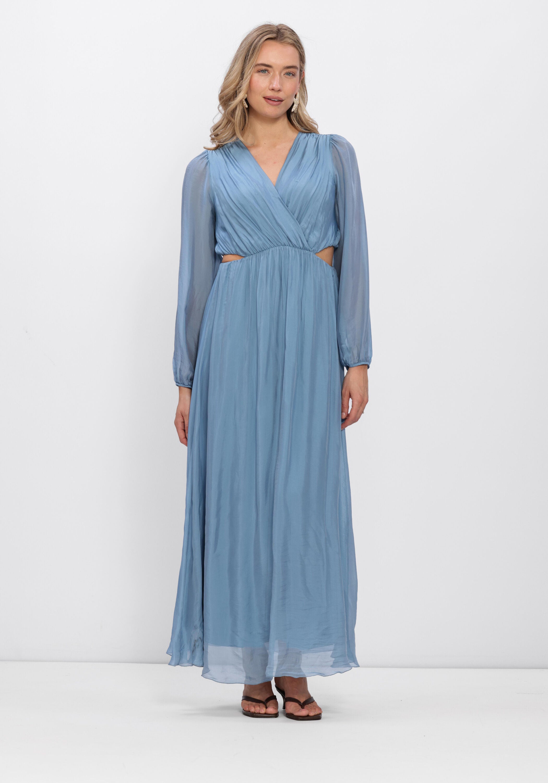 Pink Baby Arielle cut-out wrap maxi dress in dusty blue, featuring a stylish design and elegant length, shown in the product image.