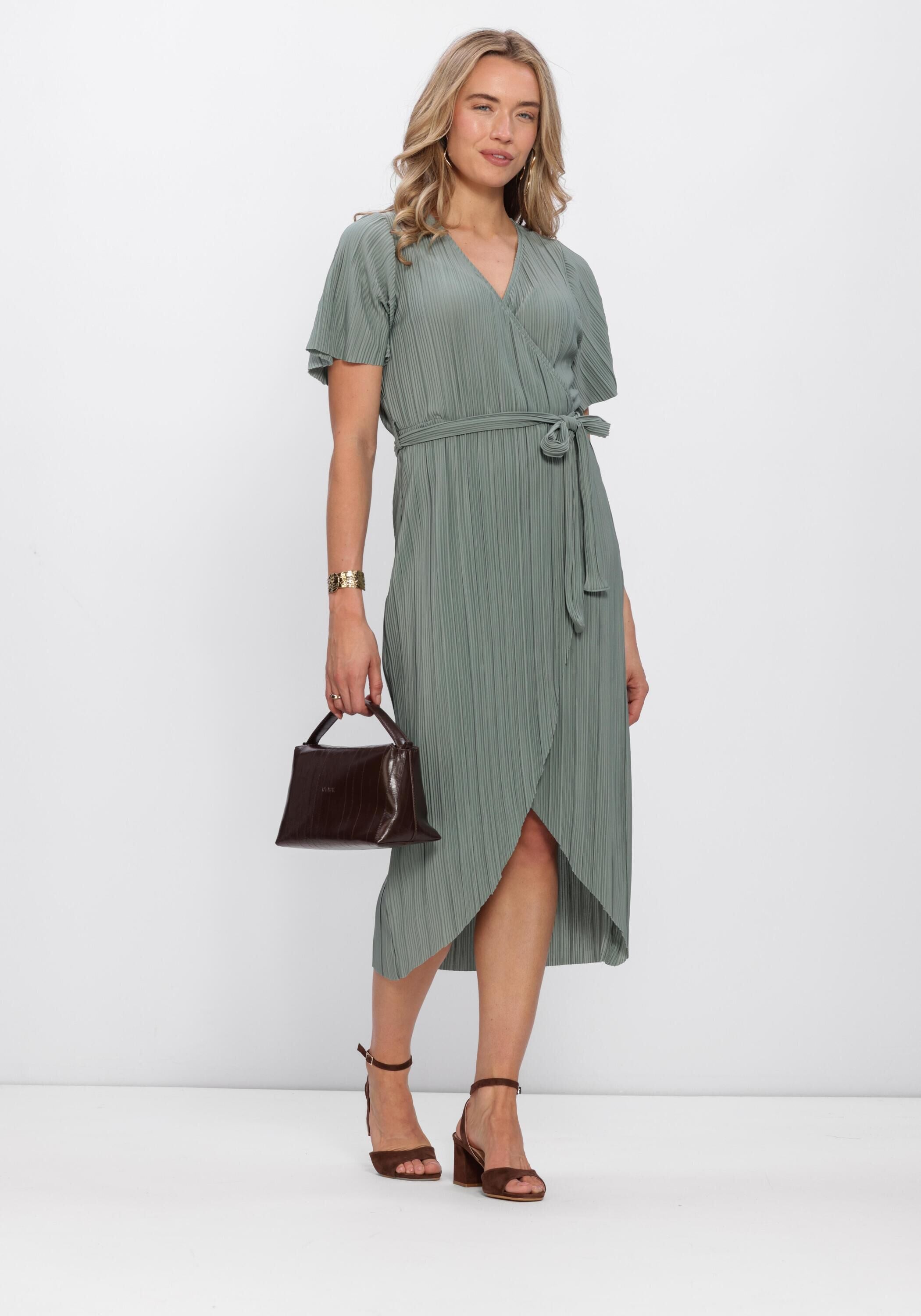 Sage green Aveline pleated wrap midi dress by Pink Baby, featuring a flowy silhouette and elegant pleated details.