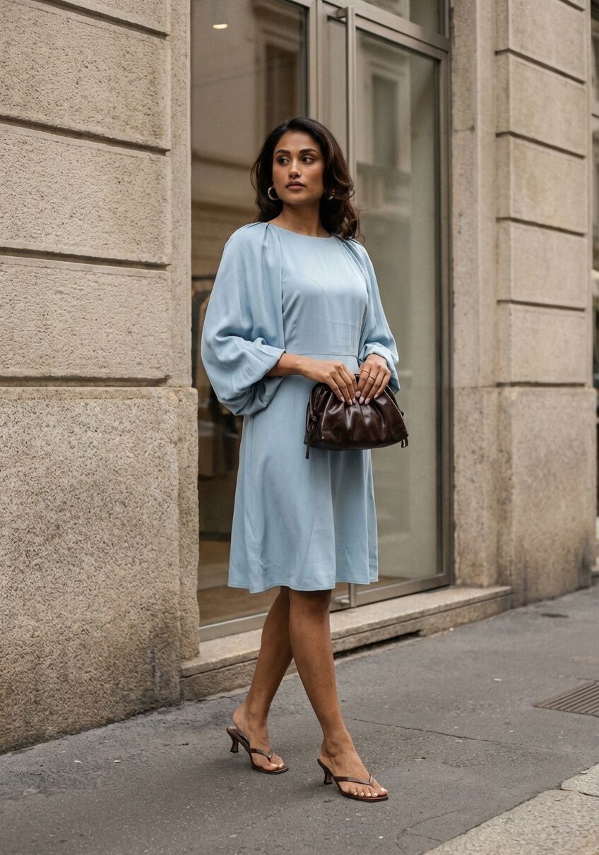 Dusty blue Evelina balloon-sleeve mini dress by Pink Baby with draped design, shown on a model.
