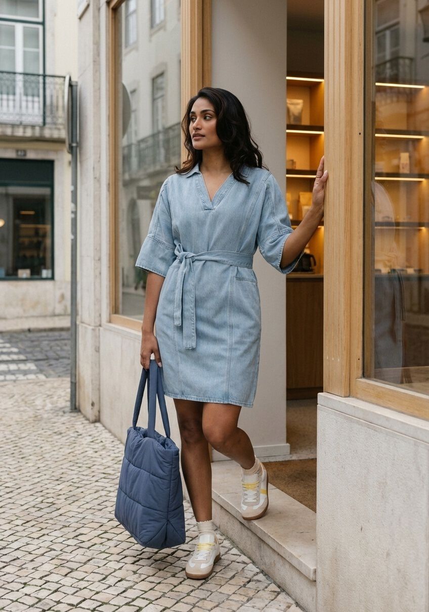 Pink Baby Dona belted light blue denim mini dress, casual sleeveless style with front pockets and a waist belt.