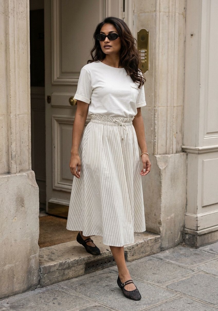 Pink Baby Sienna striped ivory waist midi dress displayed on a mannequin, showcasing its midi length and stylish design.