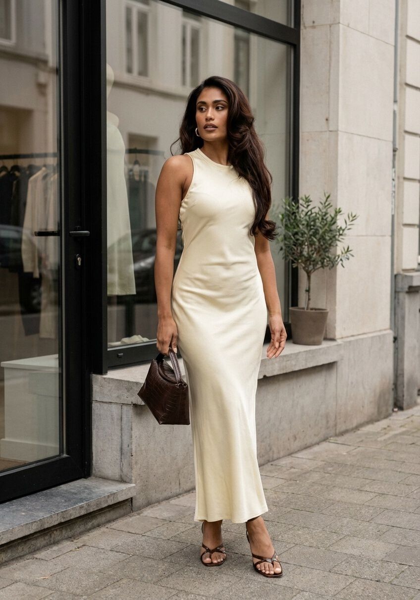 Ivory Lorena Sleek Satin Maxi Dress by Pink Baby, showcasing smooth satin fabric and elegant flowing design.