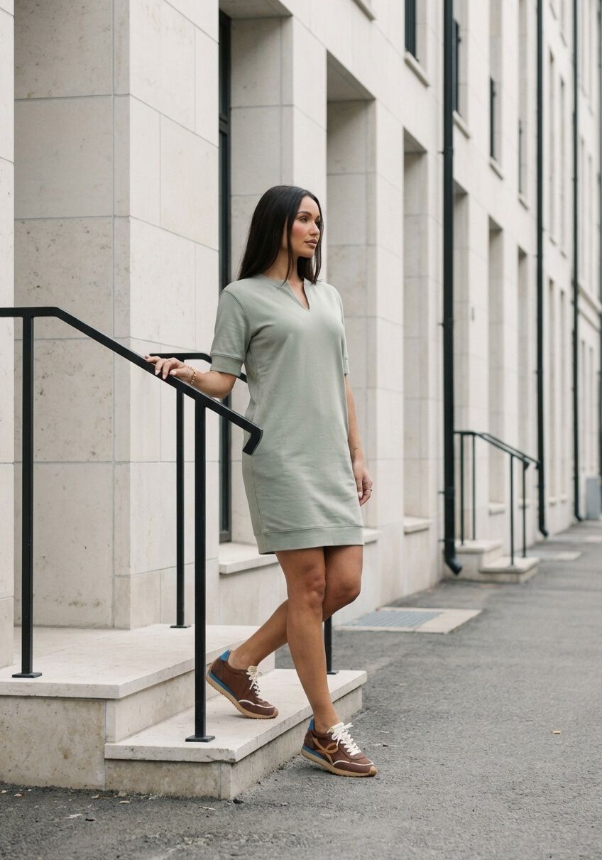Pink Baby Solea Relaxed Notch-Neck Mini Dress in sage green, featuring a relaxed fit and stylish notch neckline.
