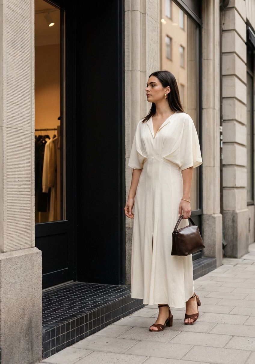 Pink Baby Valeria Ivory Draped V-Neck Maxi Dress displayed on a hanger, featuring elegant draping and a flowing, floor-length design.