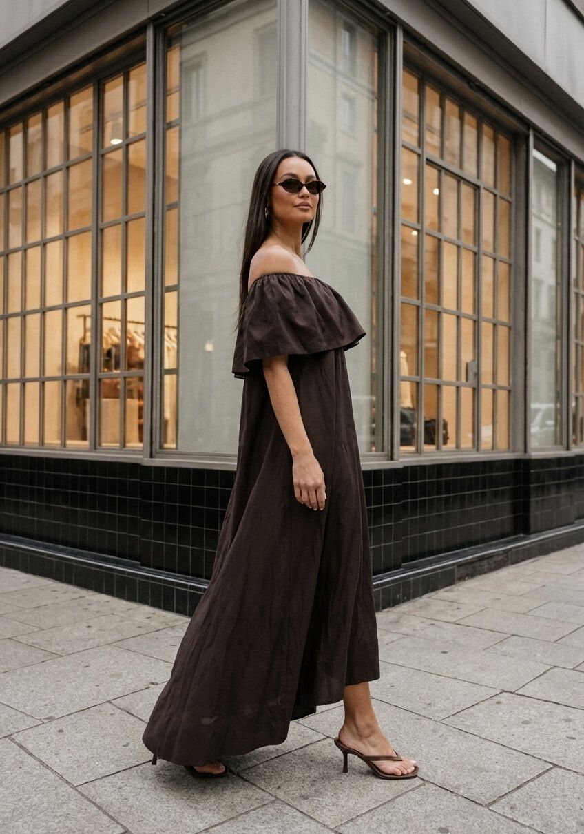Pink Baby Serafina off-shoulder ruffle maxi dress in espresso brown displayed on a hanger.