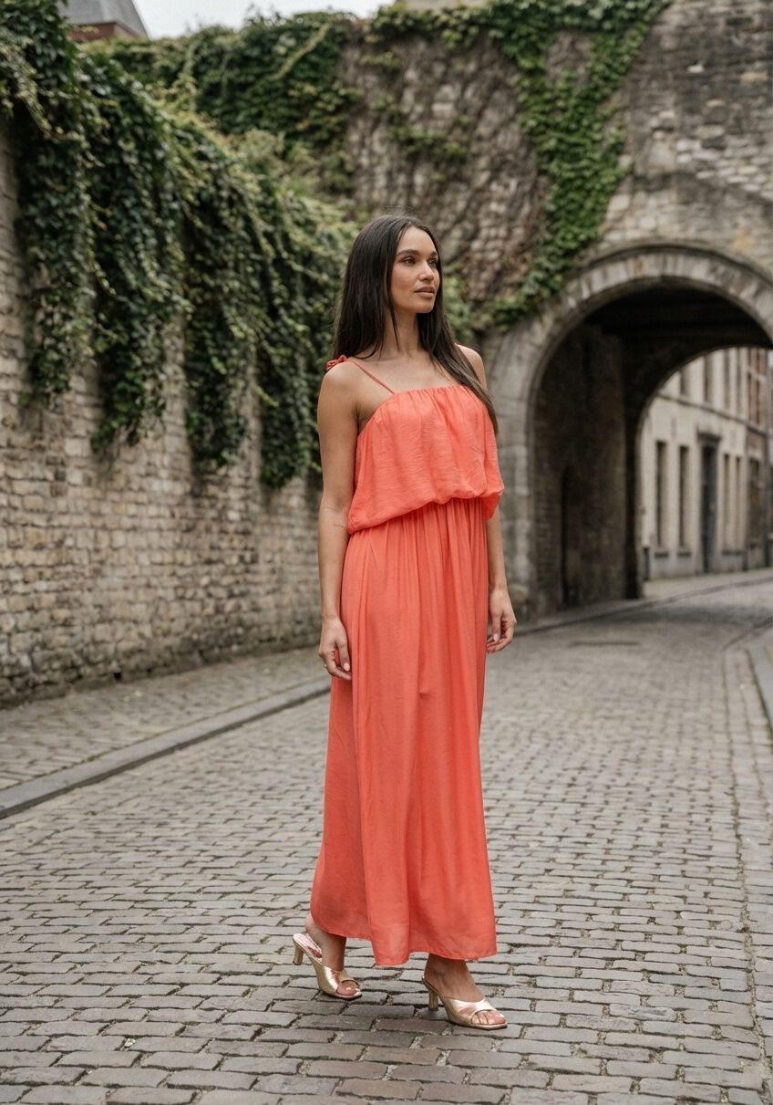 Pink Baby Seraphina flowing layered maxi dress in coral with a lightweight, elegant design and tiered fabric details.