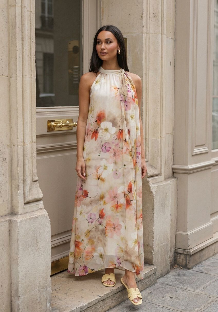 Pink Baby Elara Floral Halterneck Maxi Dress in ivory with multi-colored floral pattern, flowing fabric and halterneck design.