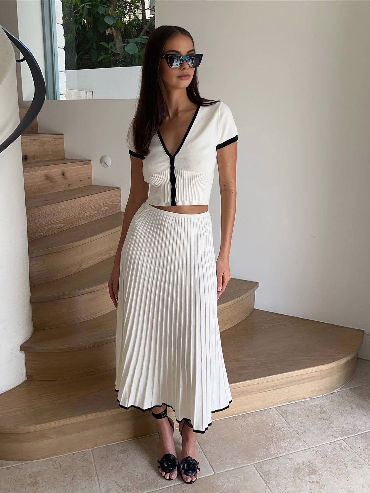Pink Baby minimalism contrast trim sweater and skirt co-ord set, featuring a stylish matching top and skirt ensemble.