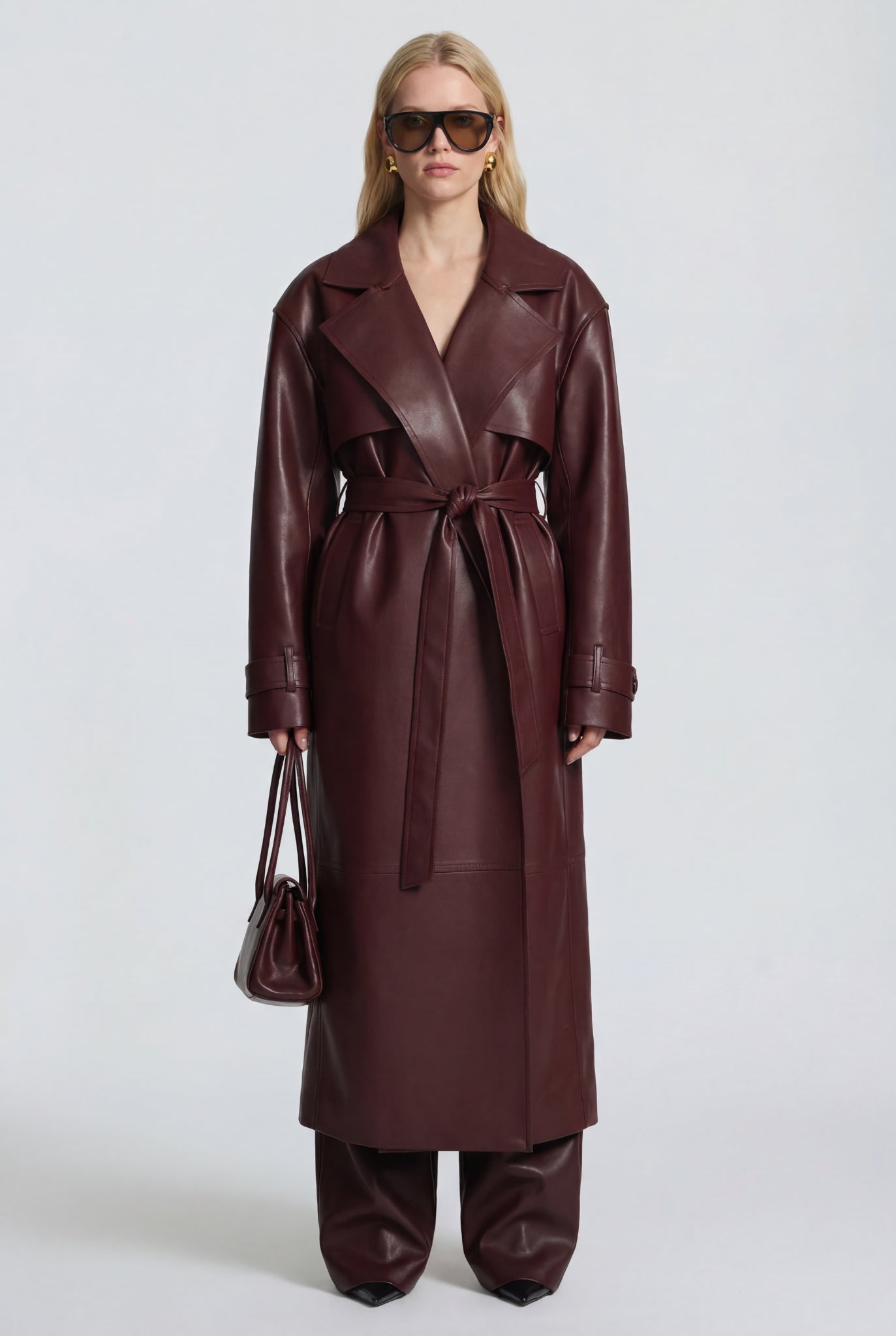 Vittoria Leather Maxi Trench Burgundy