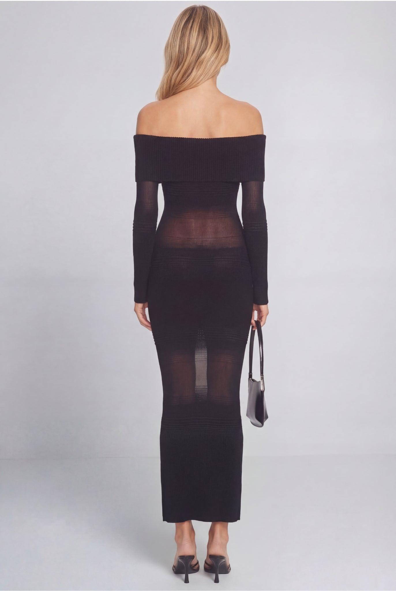 Venturi Off-Shoulder Sheer Knit Maxi Dress Black