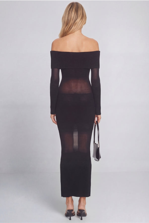 Venturi Off-Shoulder Sheer Knit Maxi Dress Black