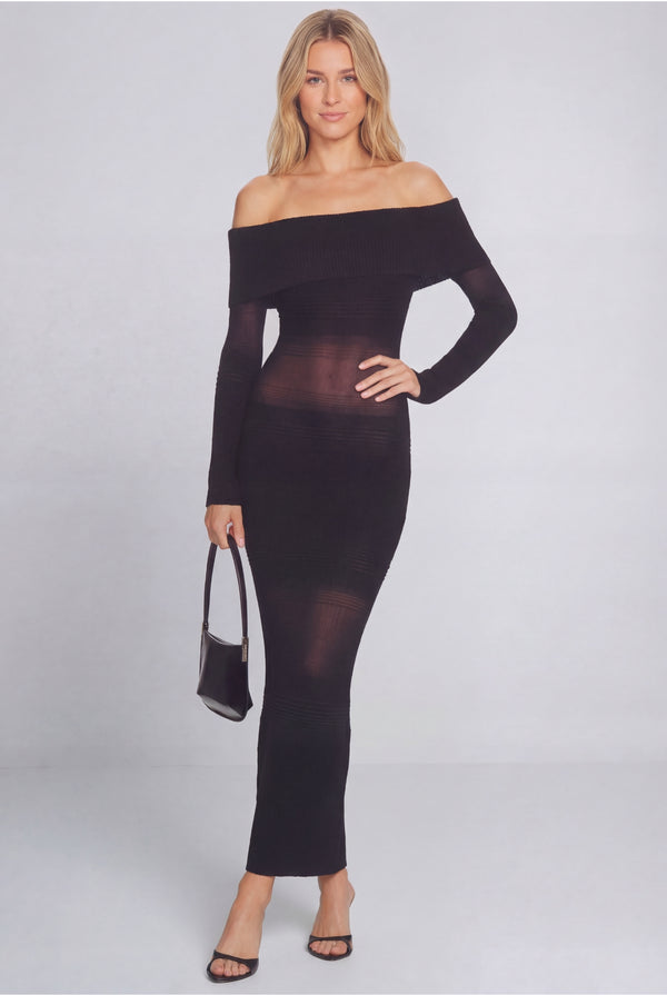Venturi Off-Shoulder Sheer Knit Maxi Dress Black