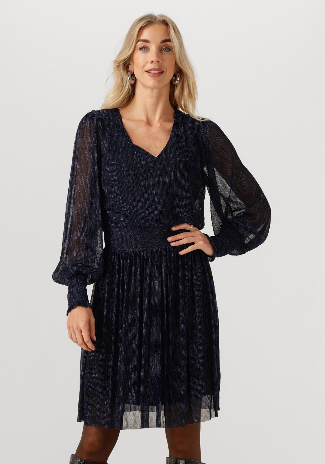 Navy pleated midi dress with sheer sleeves by Pink Baby, featuring a flowy silhouette and elegant design.